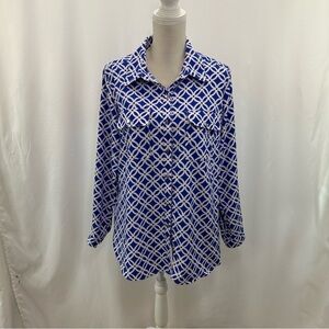 Notations Shirt Blouse Women's 1X Runs Small Blue Geometric Preppy Carrier